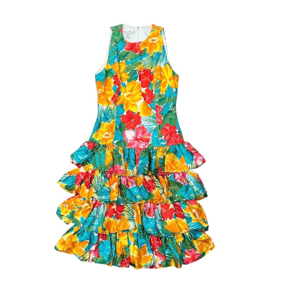 Gillian Vintage 100% Silk Tropical Floral Tiered Ruffle Dress Small Multi-Color